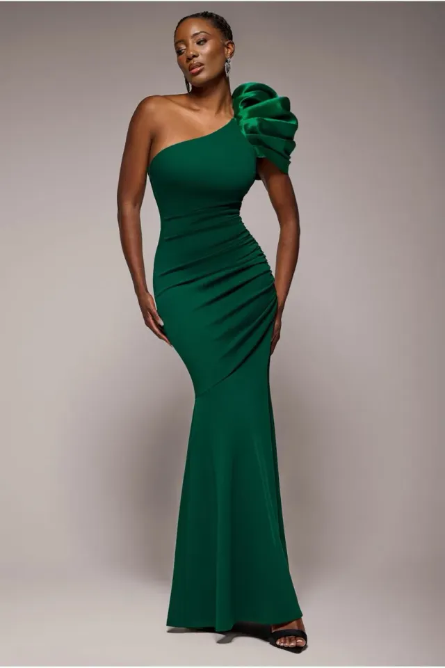 Goddiva One Shoulder abito maxi raso verde smeraldo sirena