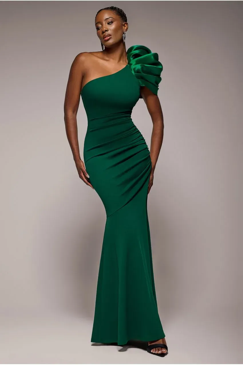 Goddiva One Shoulder abito maxi raso verde smeraldo sirena