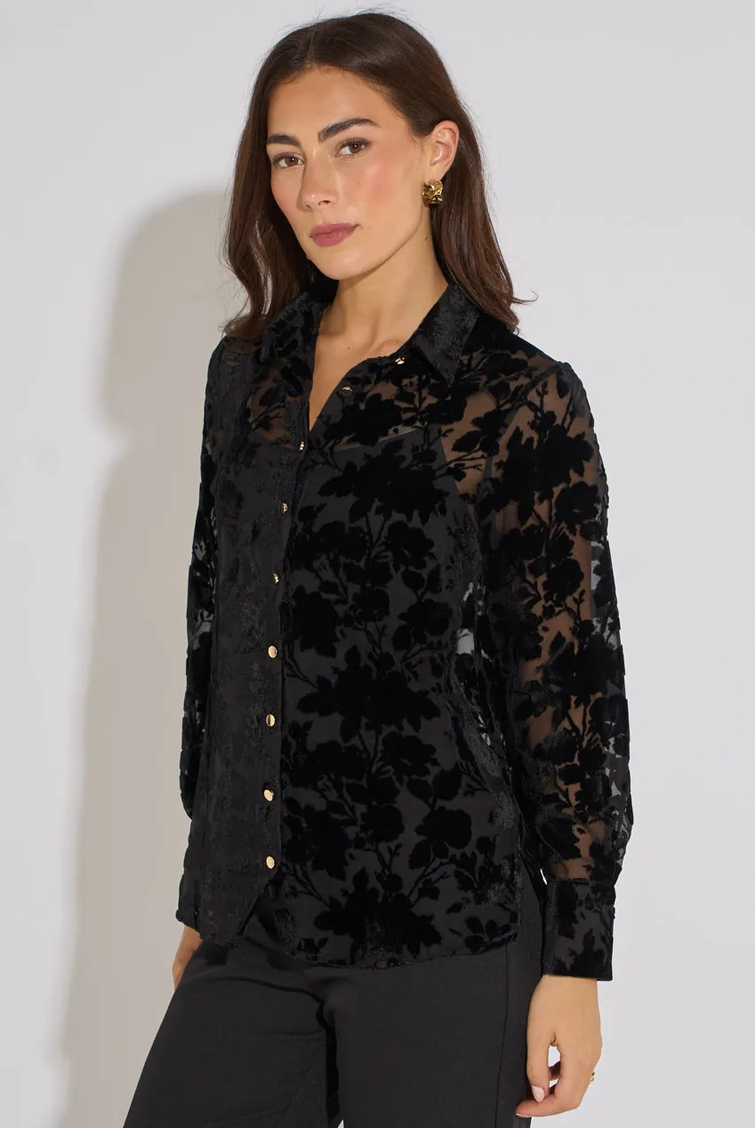 Gini London Black Floral Burnout camicia nera maniche lunghe