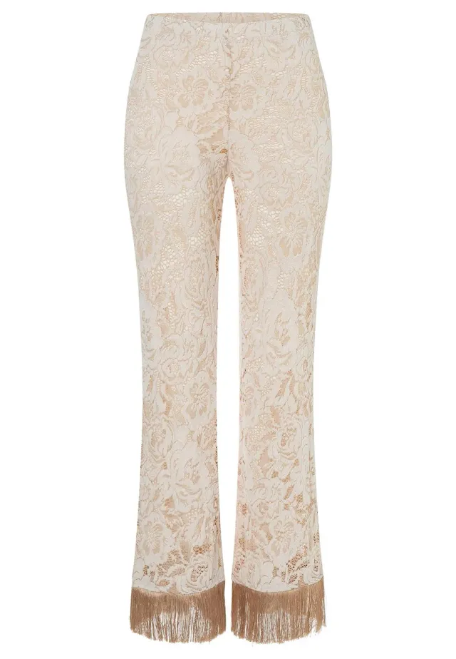 Ana Alcazar Zakira Pantaloni Pizzo Beige Zampa Frange