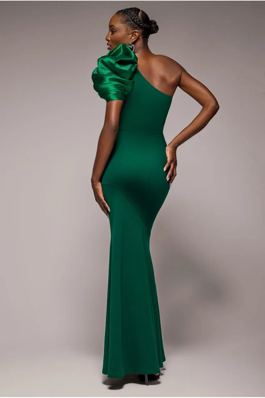 Goddiva One Shoulder abito maxi raso verde smeraldo sirena