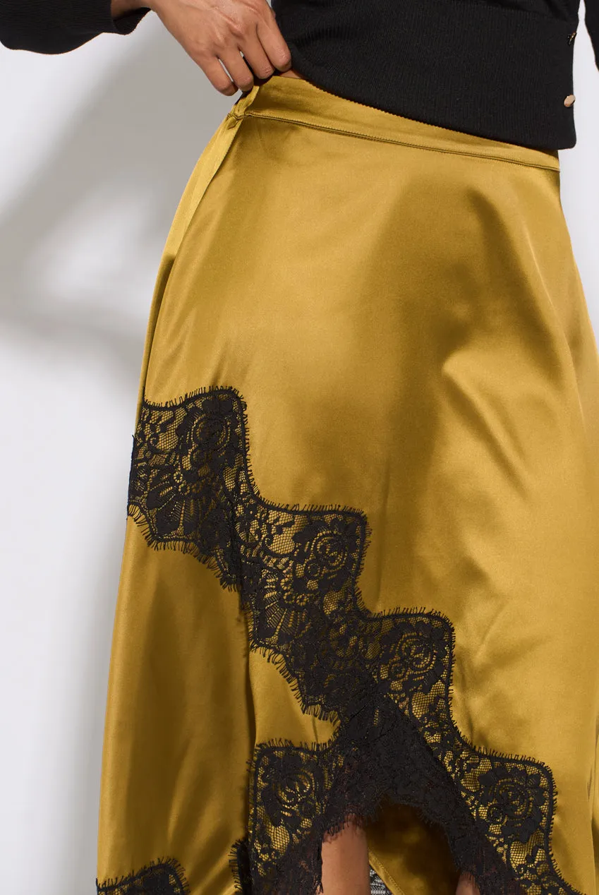 Gini London gonna satin kaki midi orlo asimmetrico pizzo