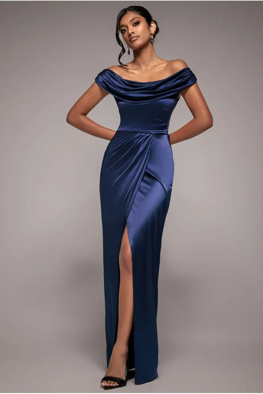 Goddiva Cowl Bardot abito maxi blu navy satin