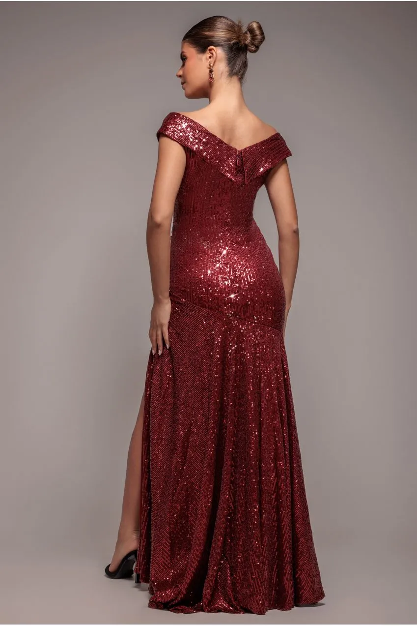 Goddiva Bardot Sequin Abito Lungo Vino Paillettes Spacco