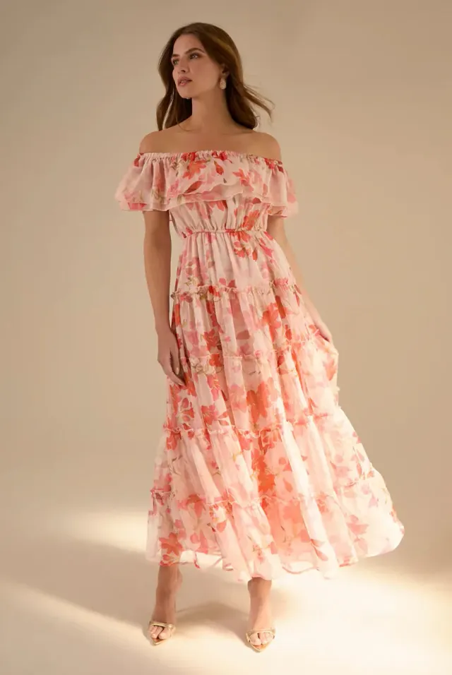 Blue Vanilla Off The Shoulder Maxi abito rosa floreale