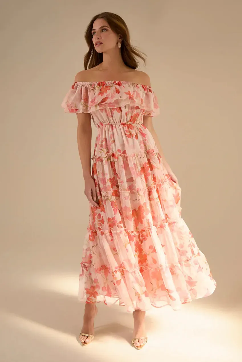 Blue Vanilla Off The Shoulder Maxi abito rosa floreale