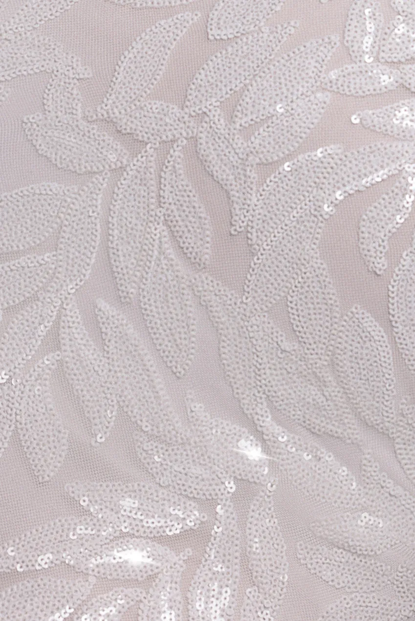 Goddiva Sequin Leaf abito maxi bianco maniche lunghe paillettes