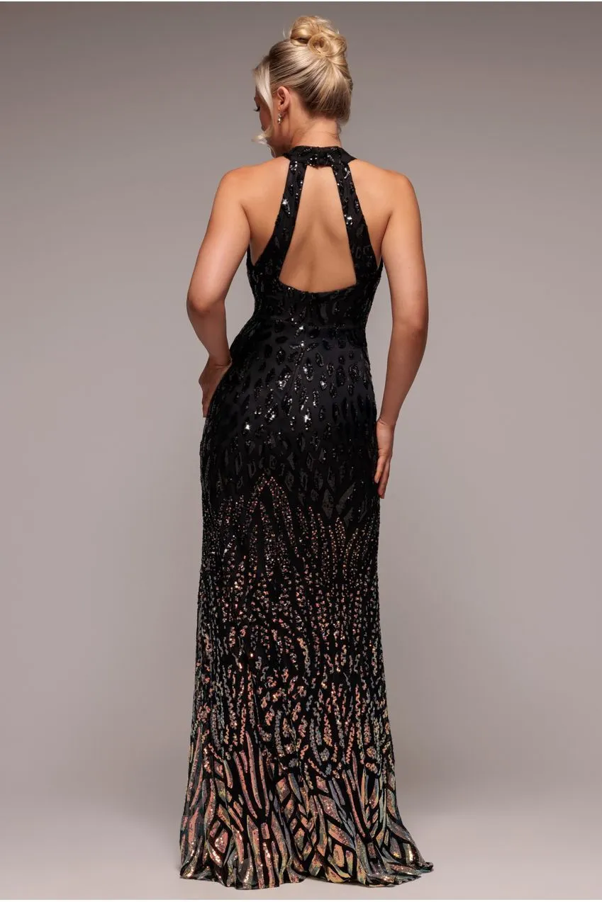 Goddiva Ombre Sequin abito maxi nero paillettes spacco