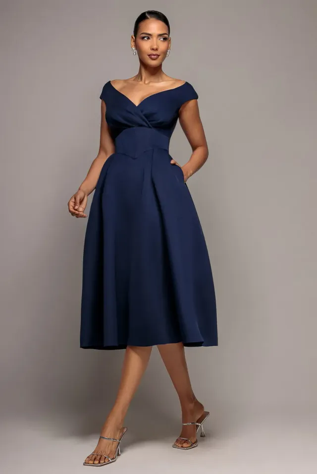 Goddiva Corset Fit & Flare abito midi blu navy tasche