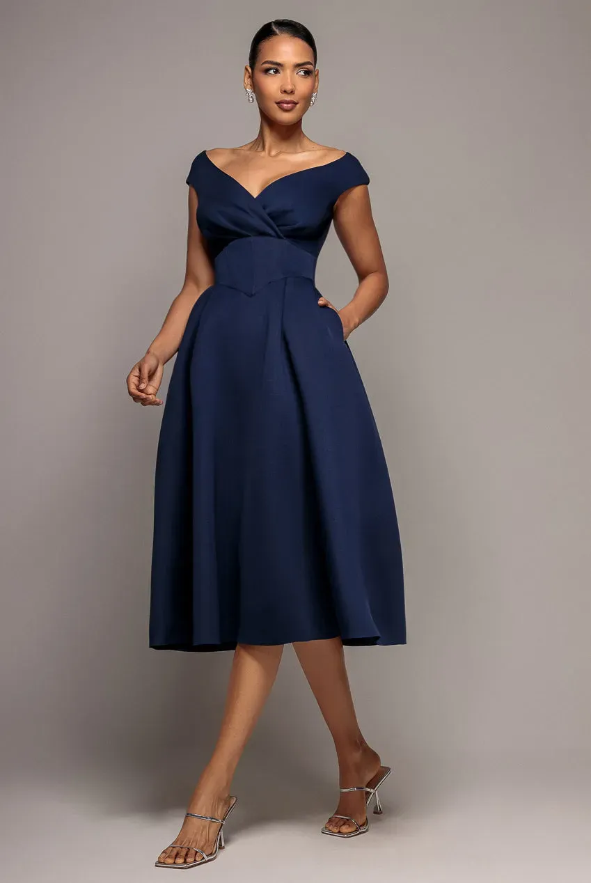 Goddiva Corset Fit & Flare abito midi blu navy tasche