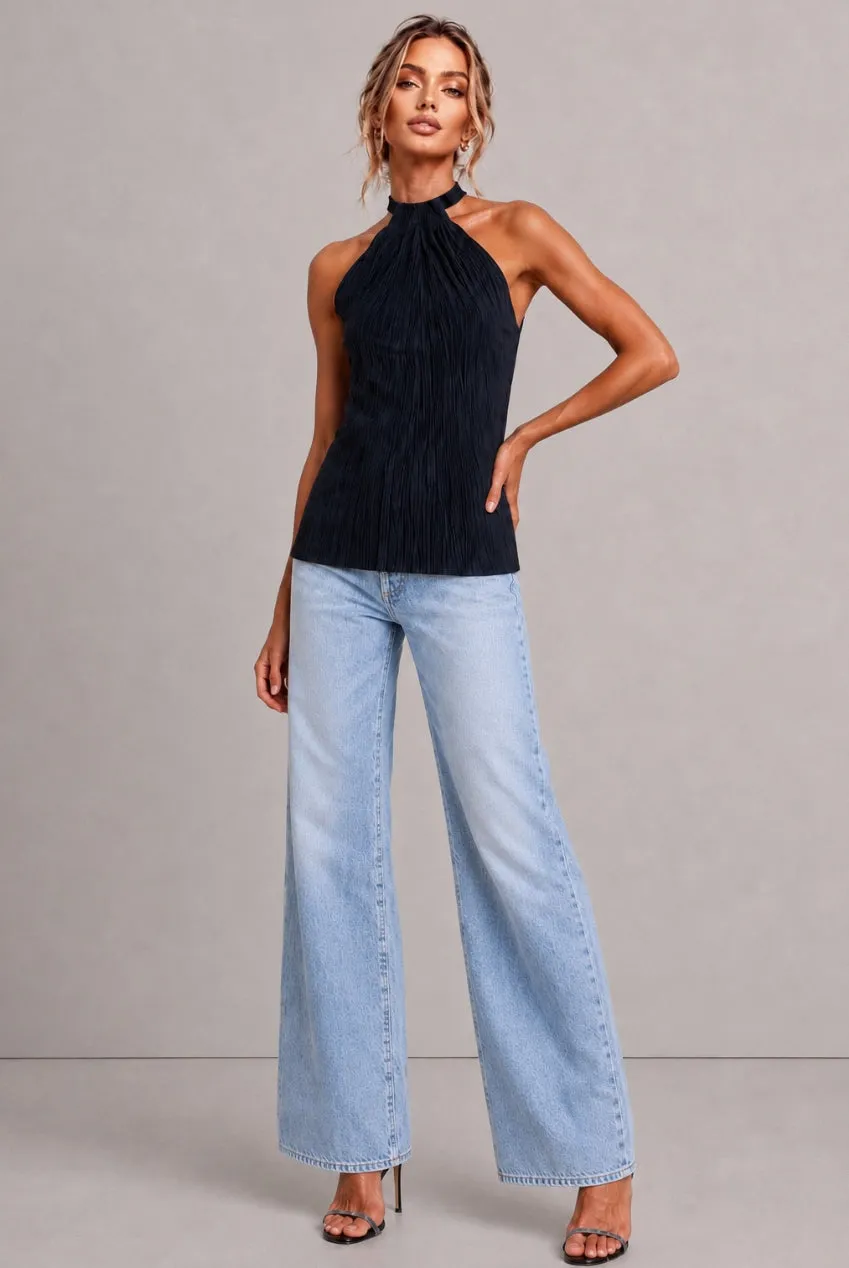 Honor Gold Milan Plisse top halterneck blu navy