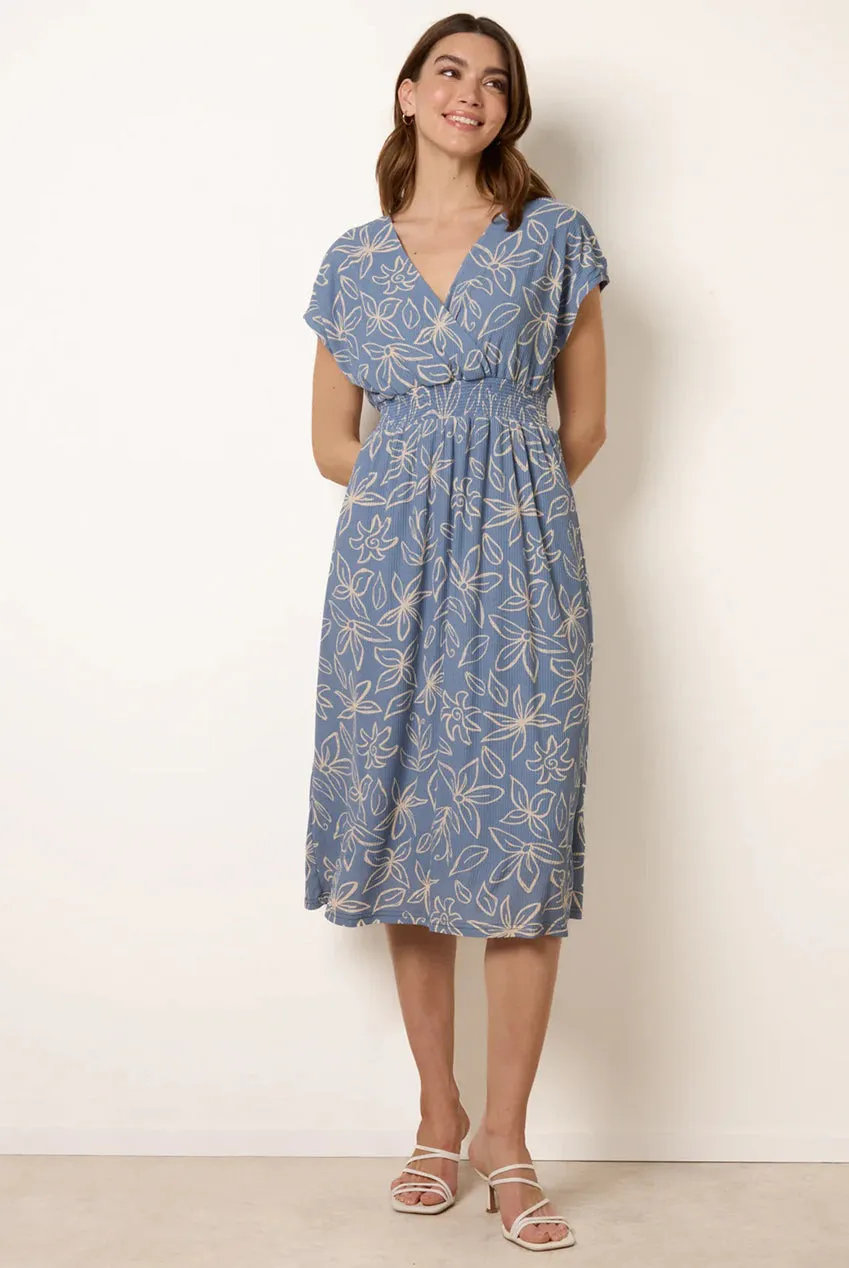 Blue Vanilla Wrap Abito Midi Blu a Fiori Scollo V