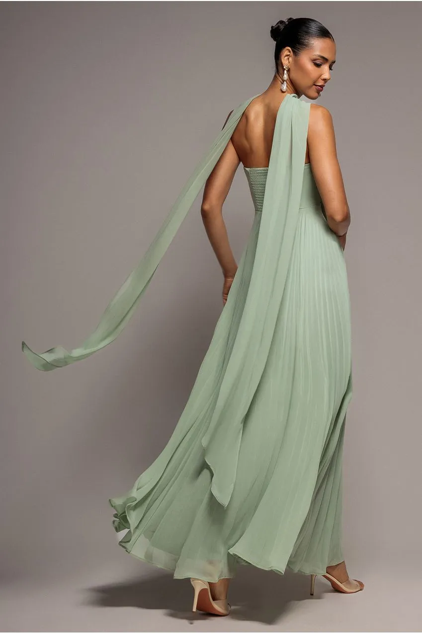 Goddiva Pleated Chiffon abito maxi verde salvia con coppe