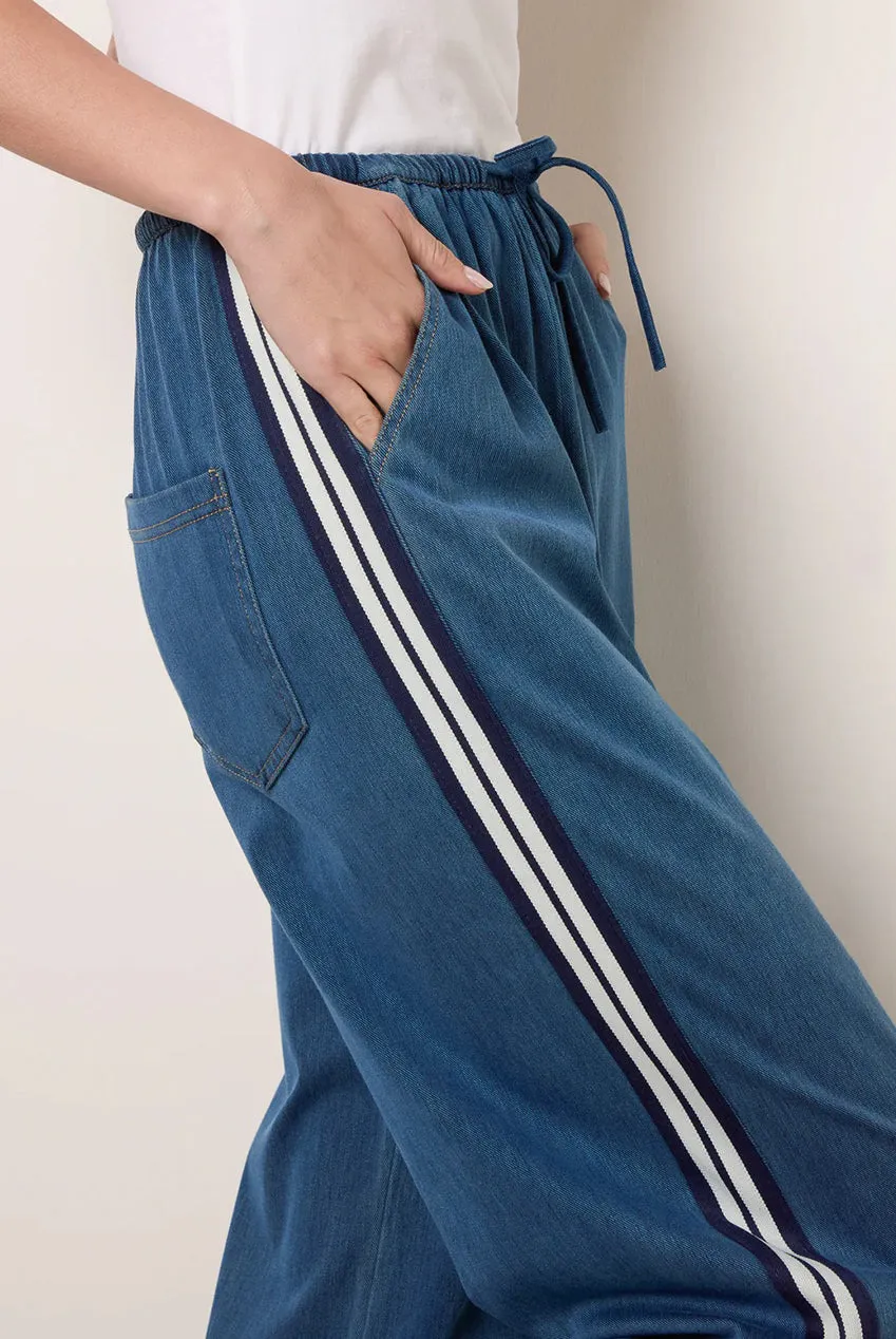 Blue Vanilla Stripe pantaloni denim blu vita elastica