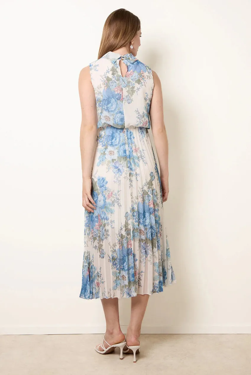 Blue Vanilla abito midi plissettato avorio floreale cowl