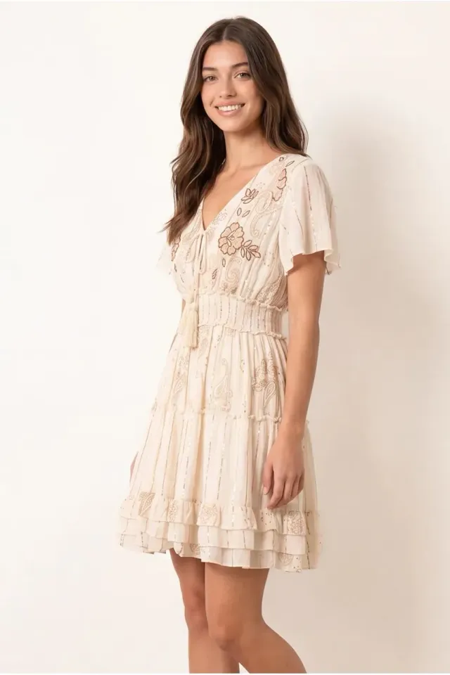 Blue Vanilla Abito Mini Beige Balze Ricamato S/M