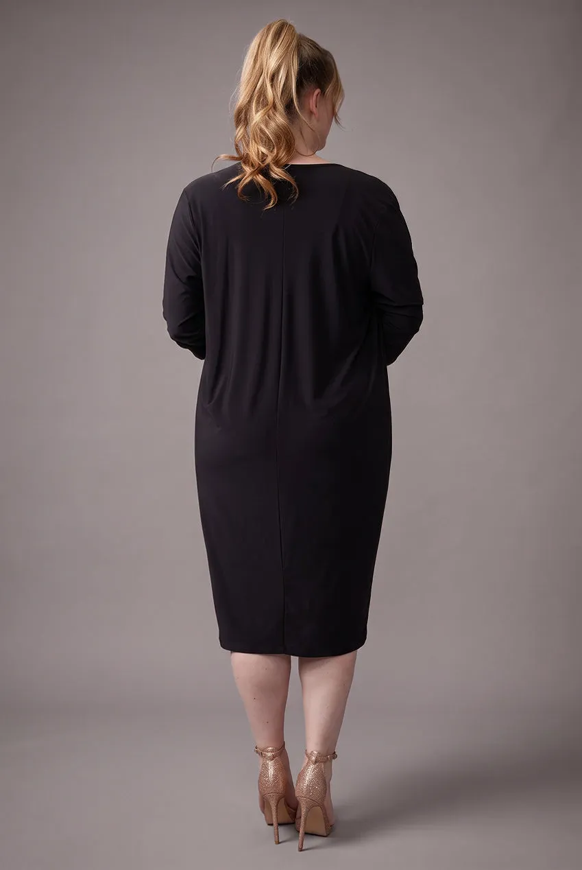 Goddiva Loose Fit Midi abito nero collo asimmetrico