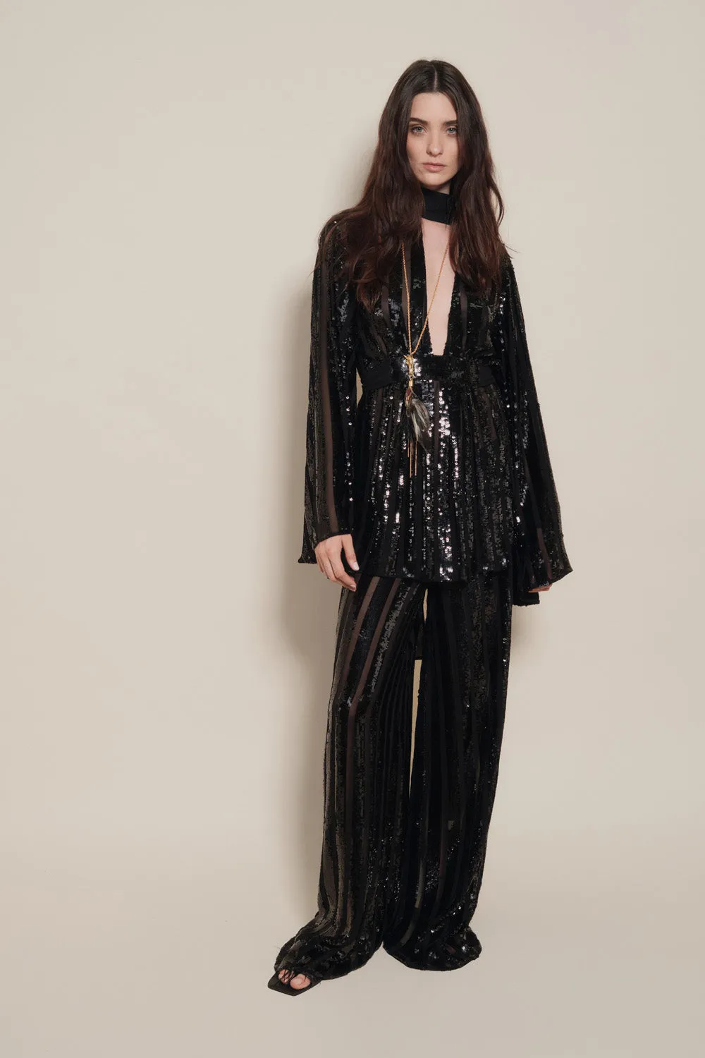 Johanna Ortiz Sequins Musical pantalone nero paillettes vita alta
