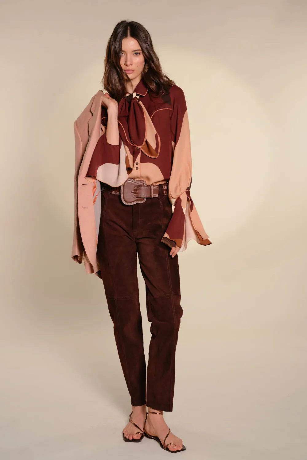 Johanna Ortiz Cartography pantaloni pelle marrone dritti