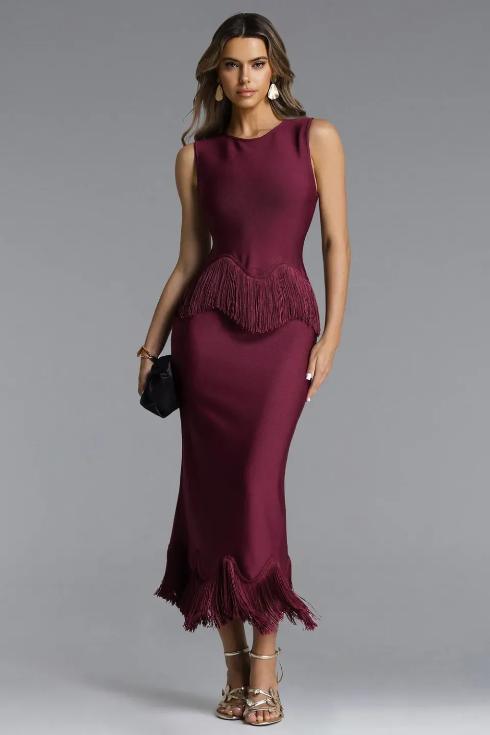 Bella Barnett Wenesa abito maxi bandage frange rosso