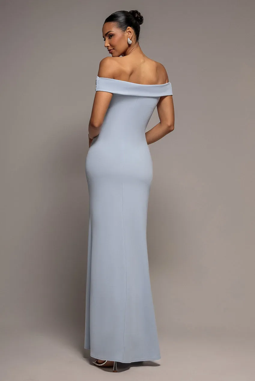 Goddiva Off Shoulder abito lungo azzurro con spacco scuba