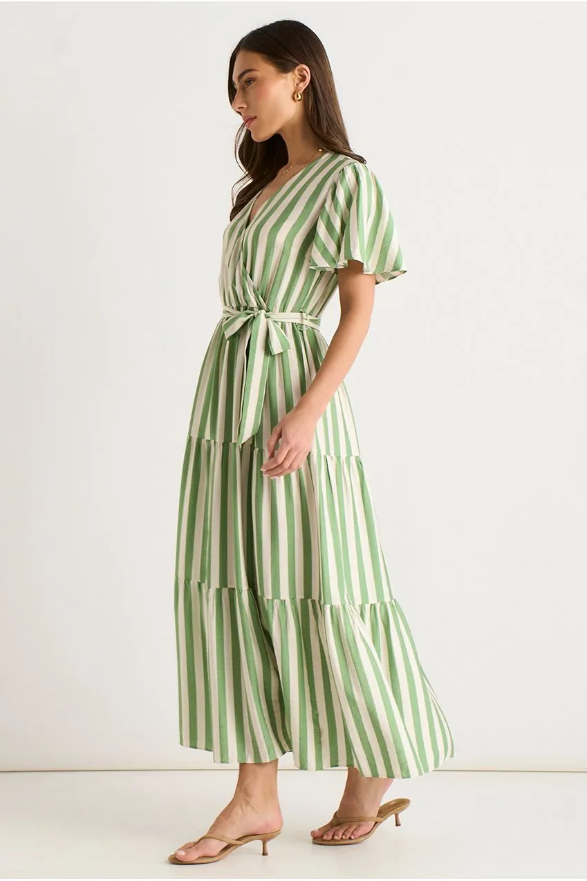 Gini London Wrap abito midi verde salvia a righe viscosa