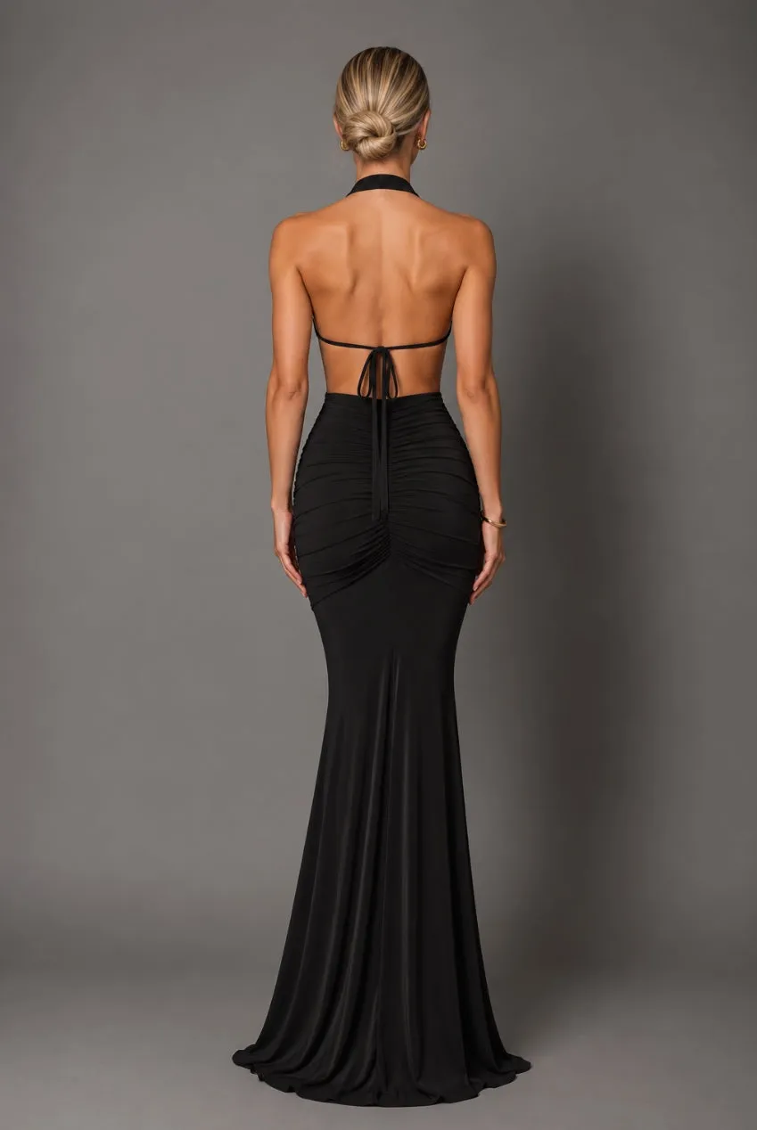 Honor Gold Keira abito maxi nero halterneck