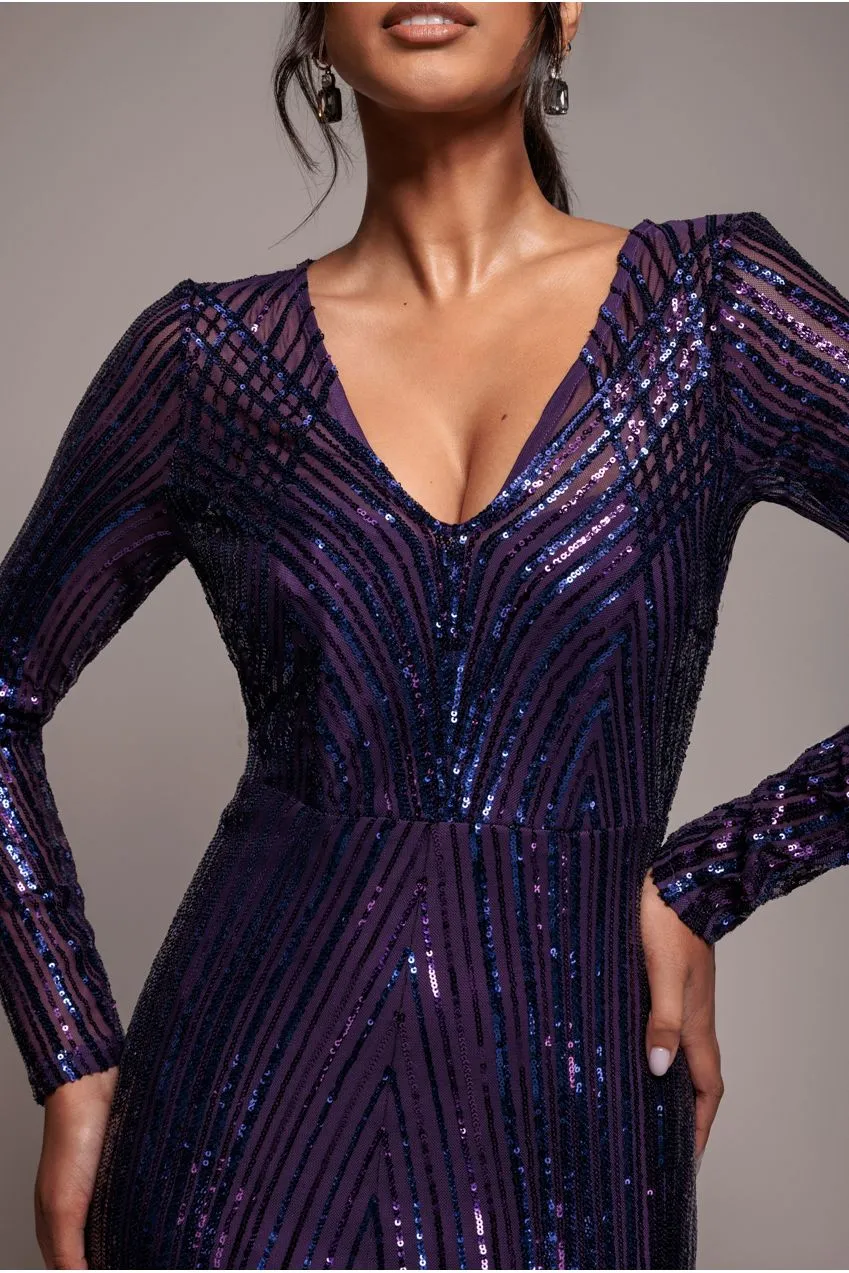 Goddiva Two Toned V Neck abito maxi viola paillettes