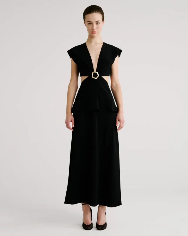 Violante Nessi Leonida abito nero cady cut-out fibbia