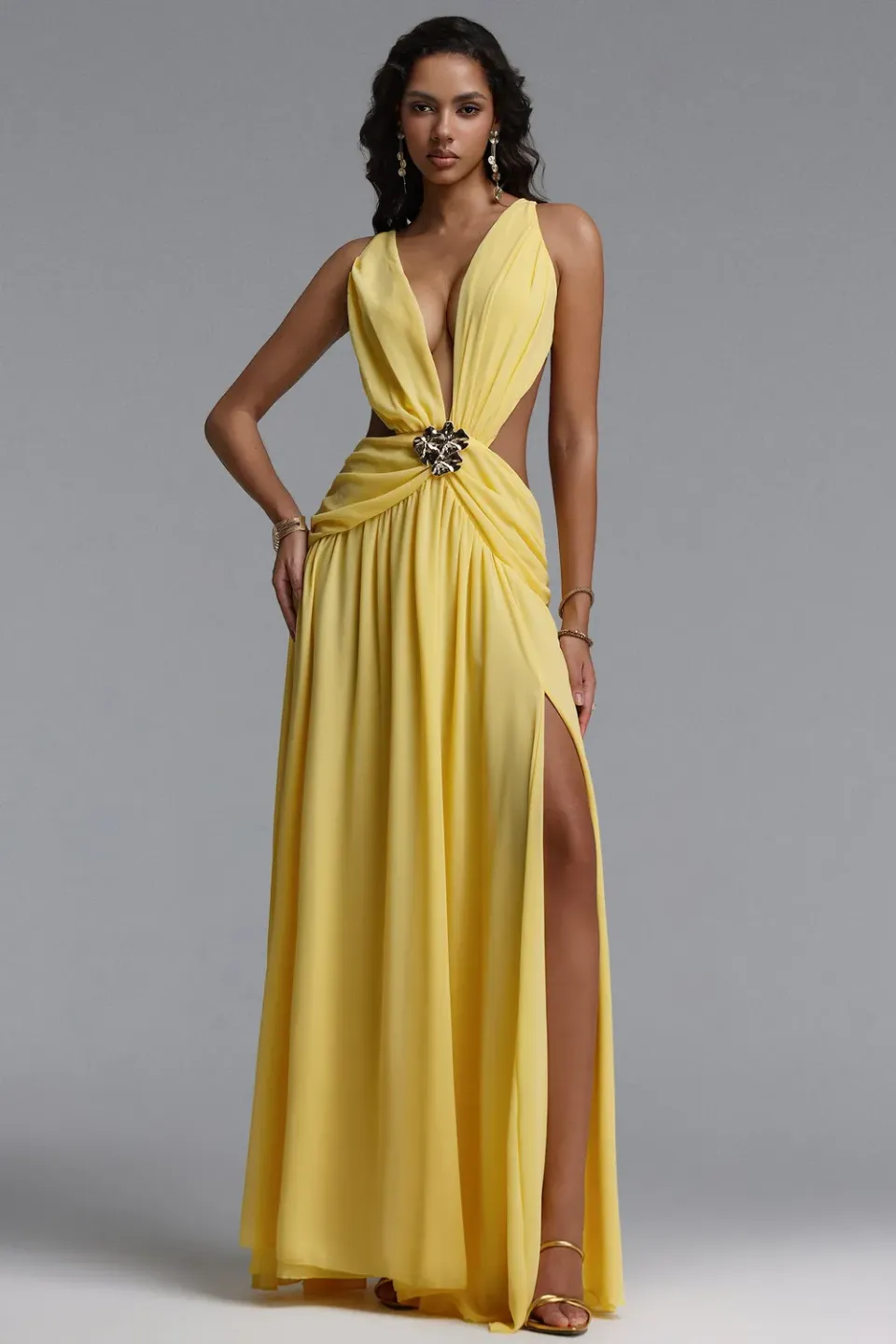 Bella Barnett Ivanna abito maxi giallo scollo V spacco