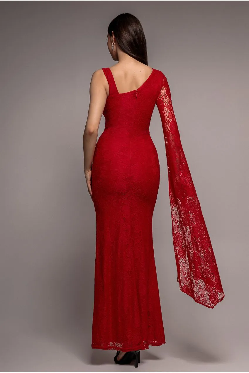 Goddiva One Shoulder Cape abito maxi pizzo Rosso 12
