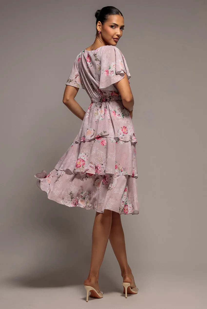 Goddiva Chiffon Tiered abito midi rosa cipria