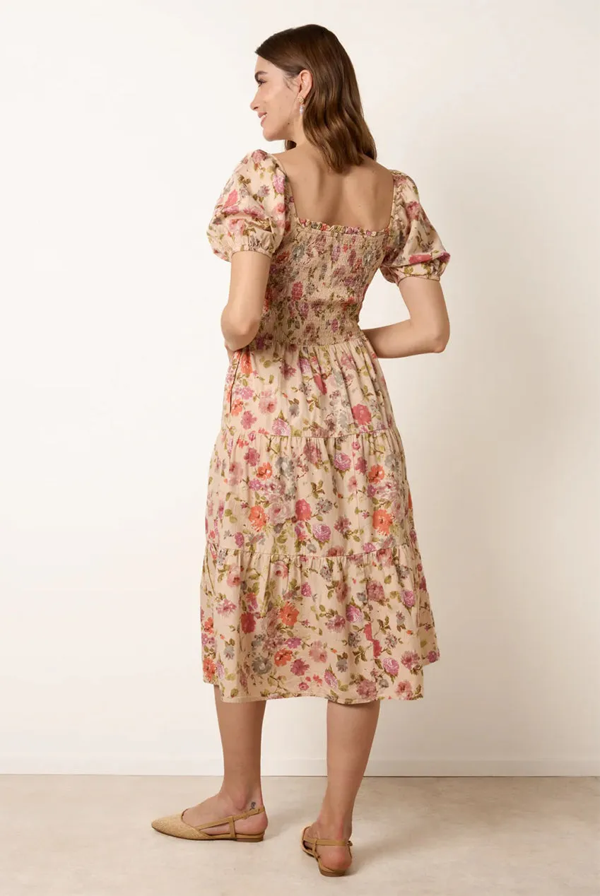 Blue Vanilla Milkmaid Floral Puff Sleeve abito midi multi cotone