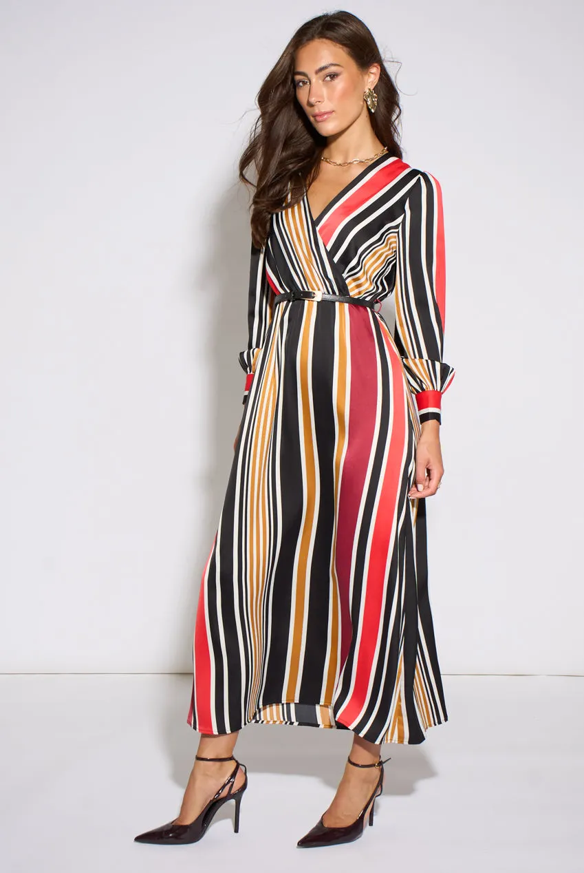 Gini London Satin Wrap abito midaxi righe multi manica lunga