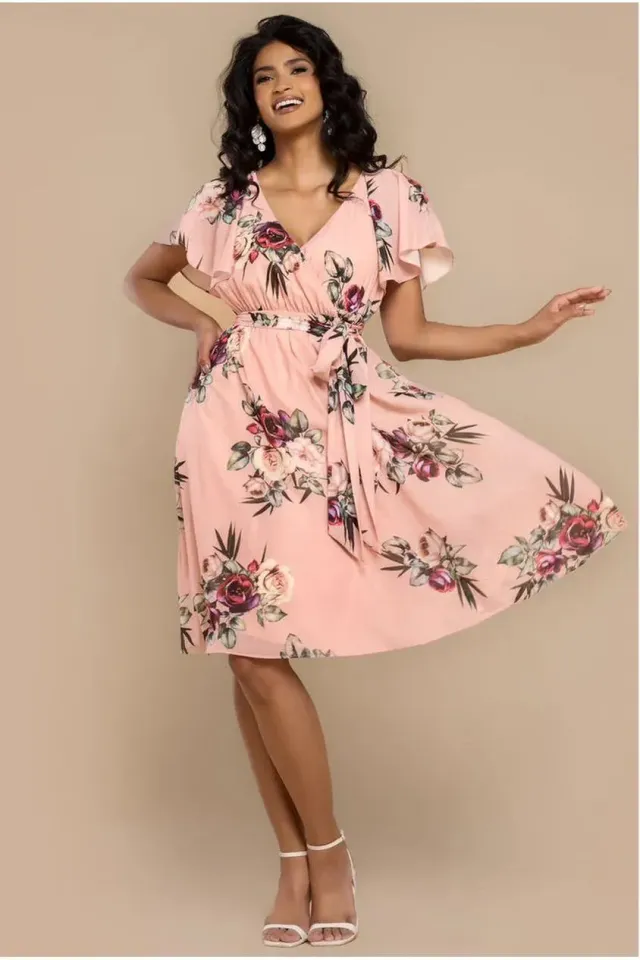 Goddiva Floral Print abito midi pesca a portafoglio
