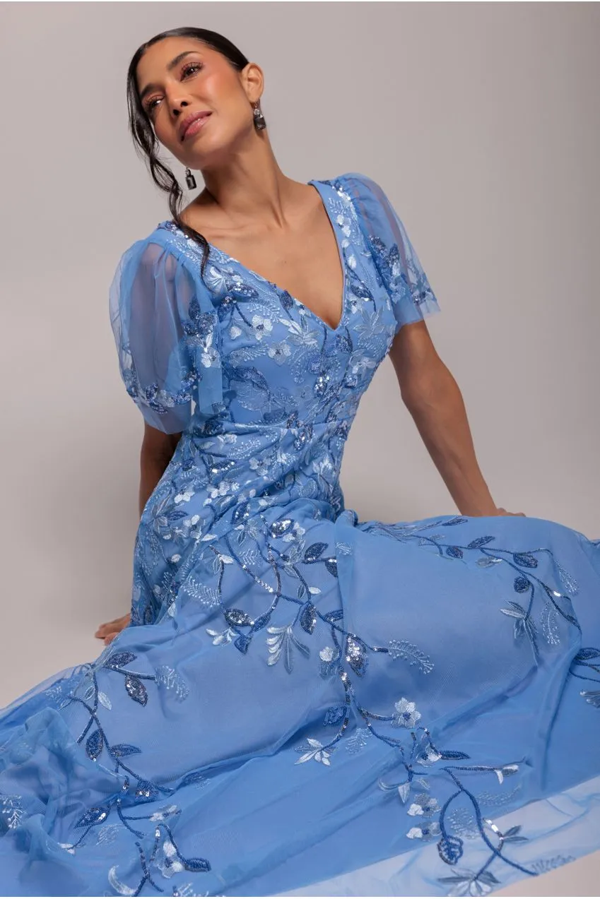 Goddiva Flared Sleeve abito maxi blu fiordaliso