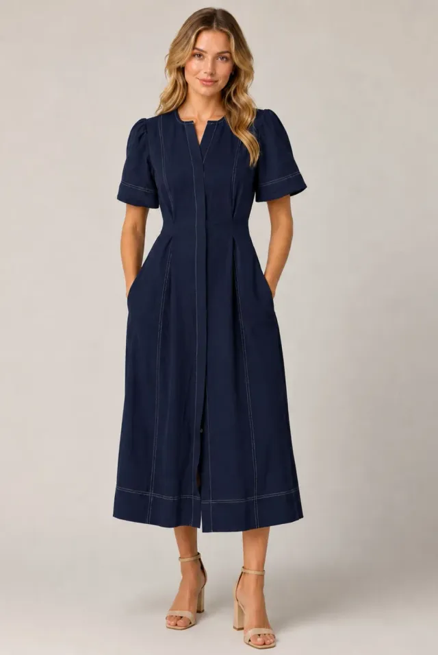 Avinci Contrast Stitch abito midi blu navy