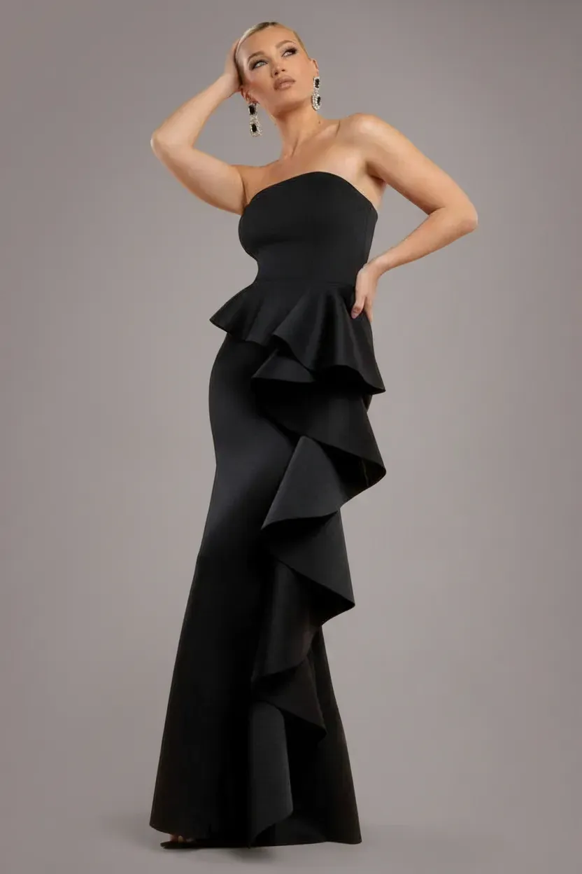 Goddiva Boobtube Peplum abito maxi nero senza spalline