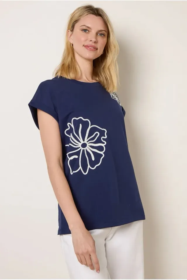Blue Vanilla Floral t-shirt navy cotone ricamata
