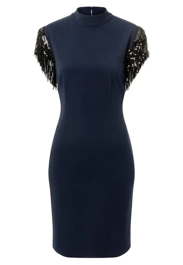 Ana Alcazar Imolys abito festa blu frange paillettes