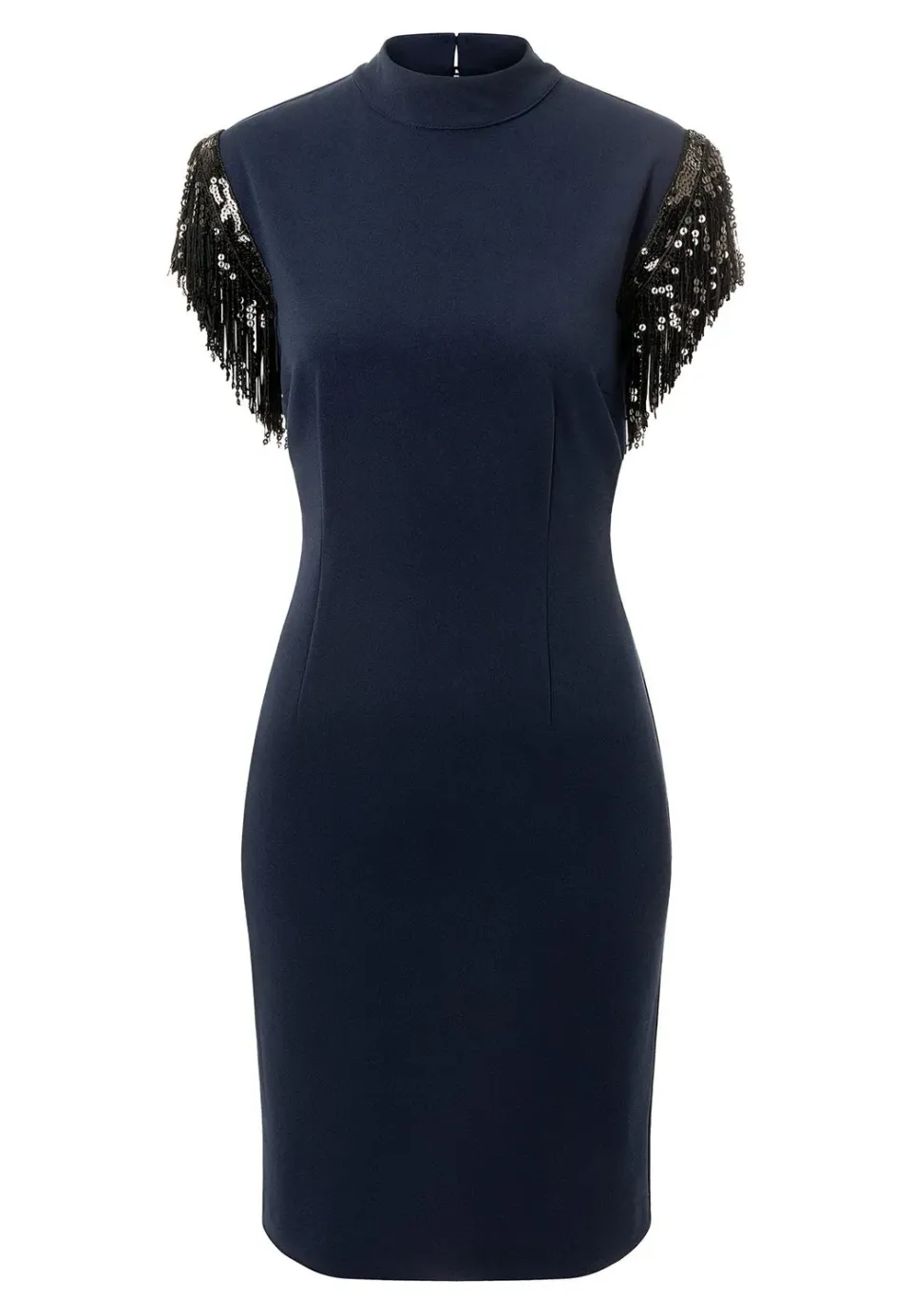 Ana Alcazar Imolys abito festa blu frange paillettes