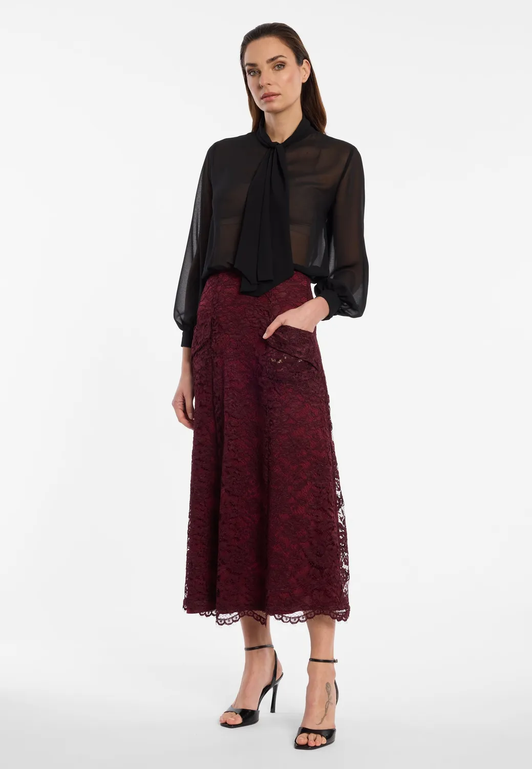Ana Alcazar Enolorea gonna pizzo bordeaux midi svasata
