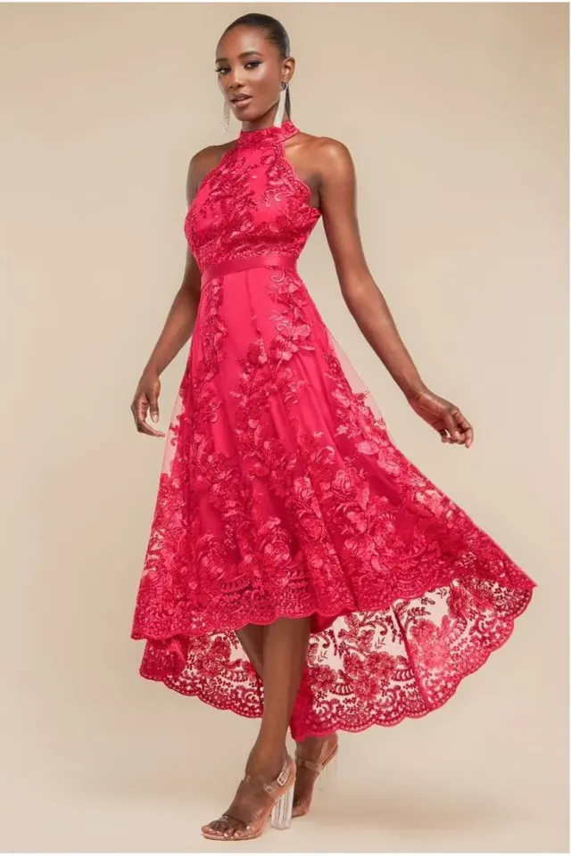 Goddiva Halter Neck Lace abito pizzo magenta asimmetrico