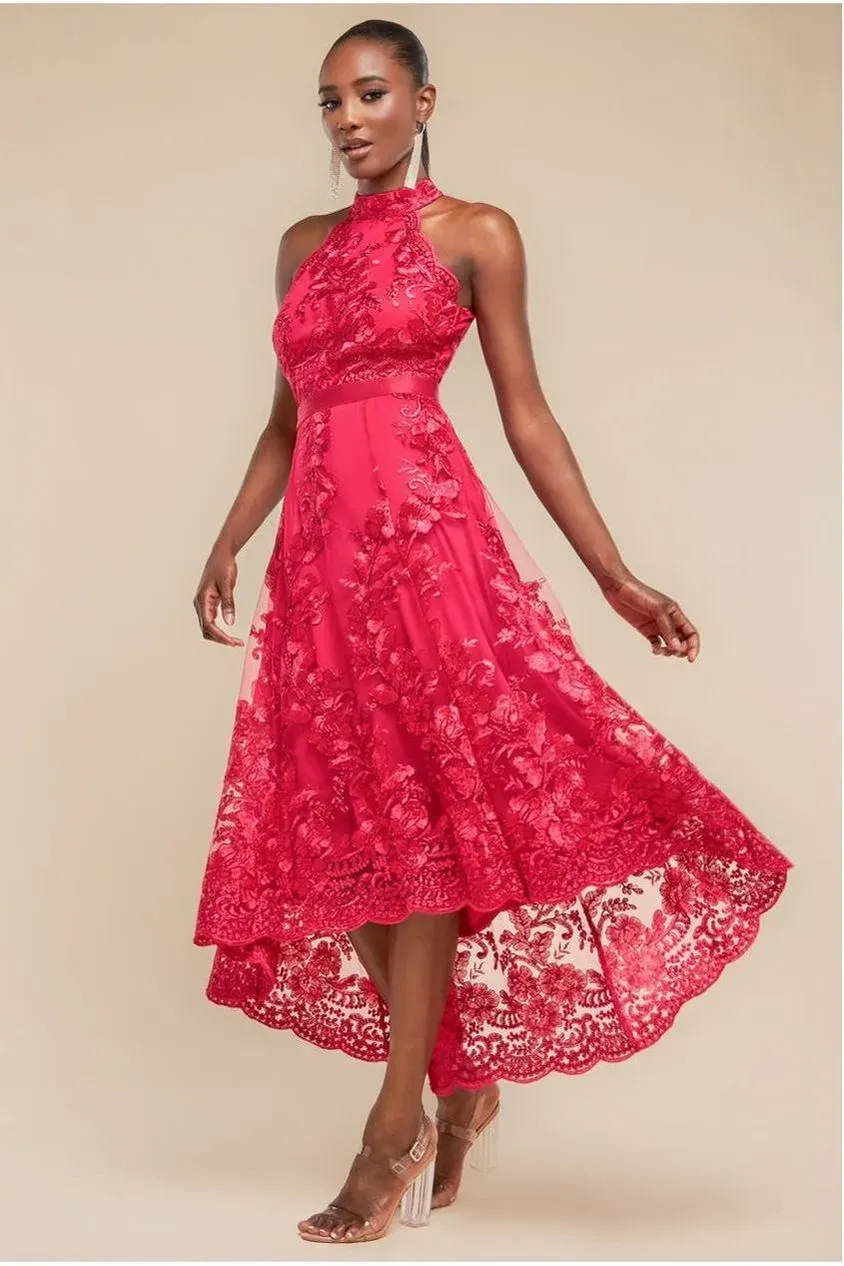 Goddiva Halter Neck Lace abito pizzo magenta asimmetrico