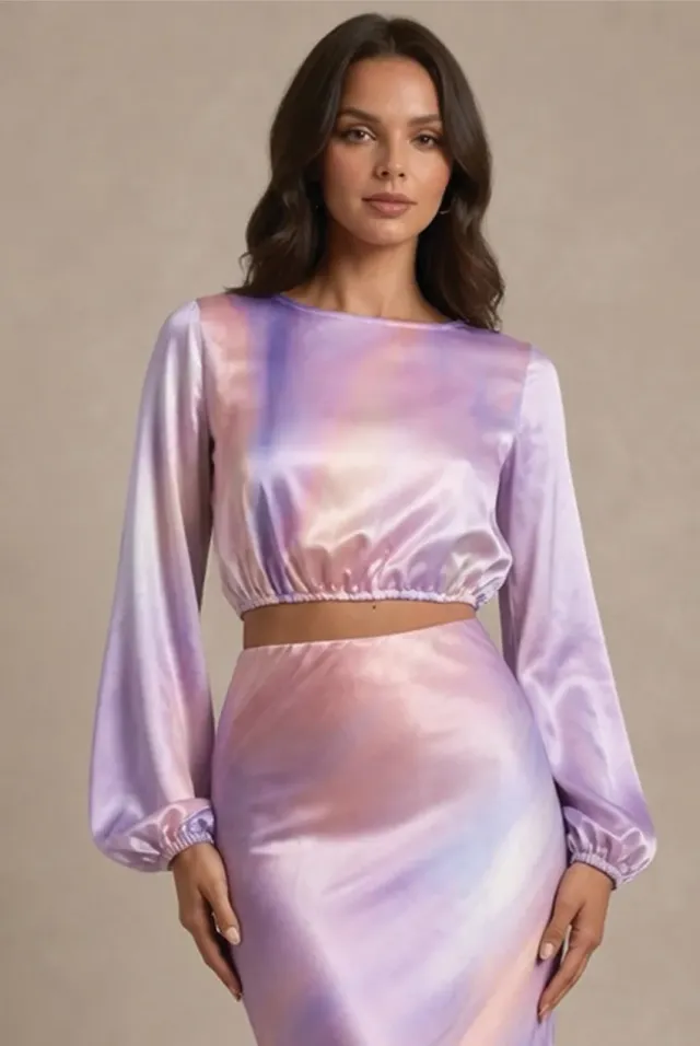 Chi Chi London Crop Top Satin Ombre Multi Manica Lunga