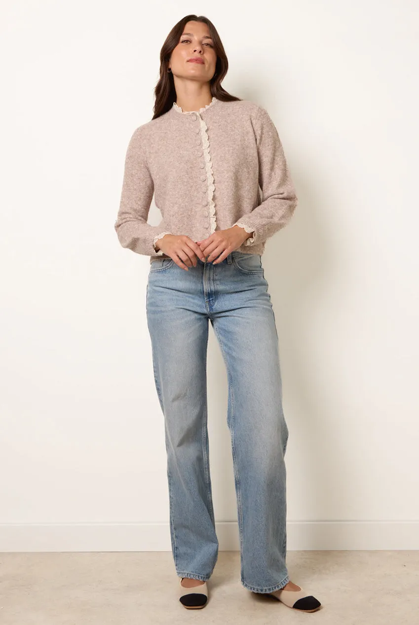 Blue Vanilla Lace Trimmed cardigan tortora pizzo manica lunga