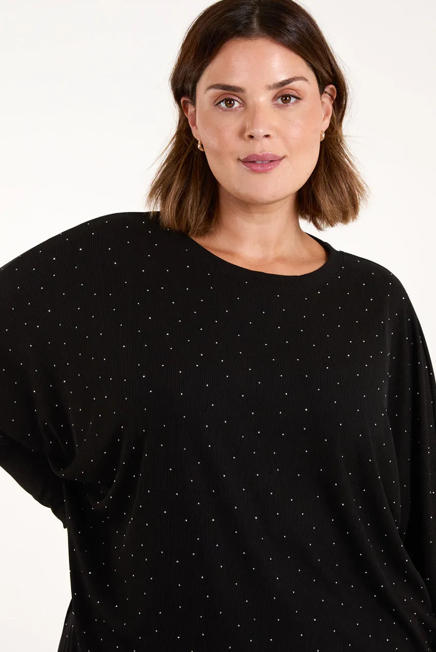 Blue Vanilla Curve top nero strass manica pipistrello taglia unica