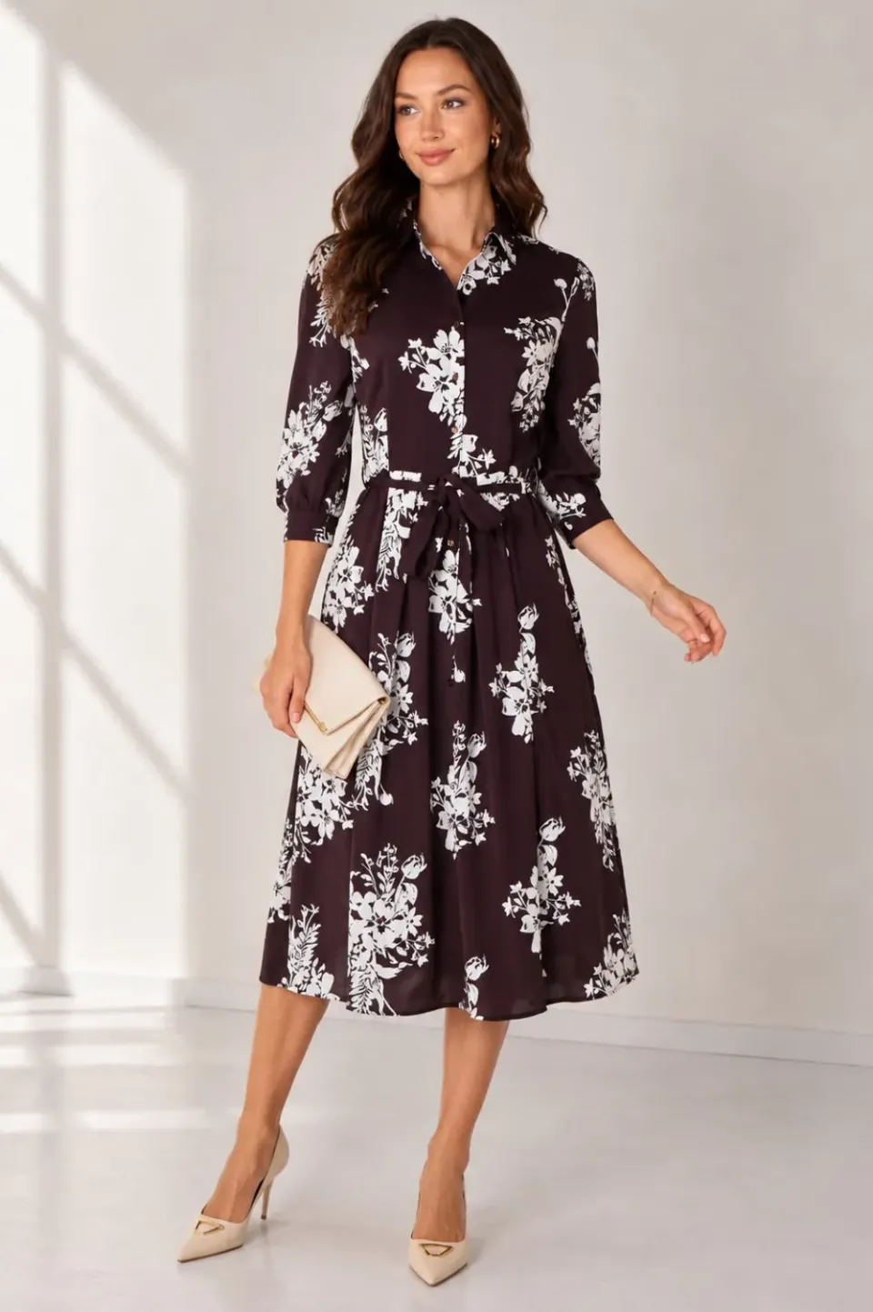 LOVE SUNSHINE Bouquet abito camicia midi marrone fiori