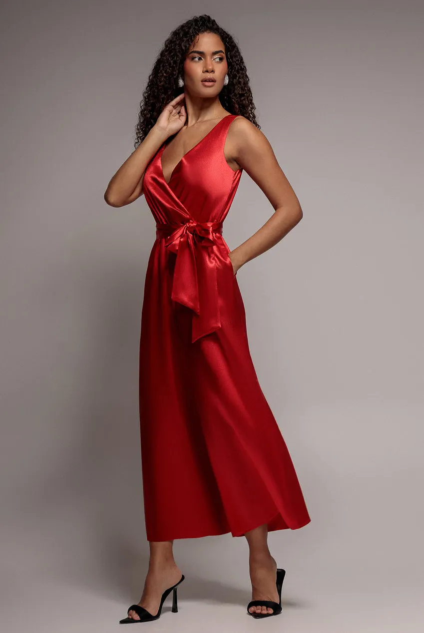 Goddiva Satin Culotte tuta rossa scollo a V