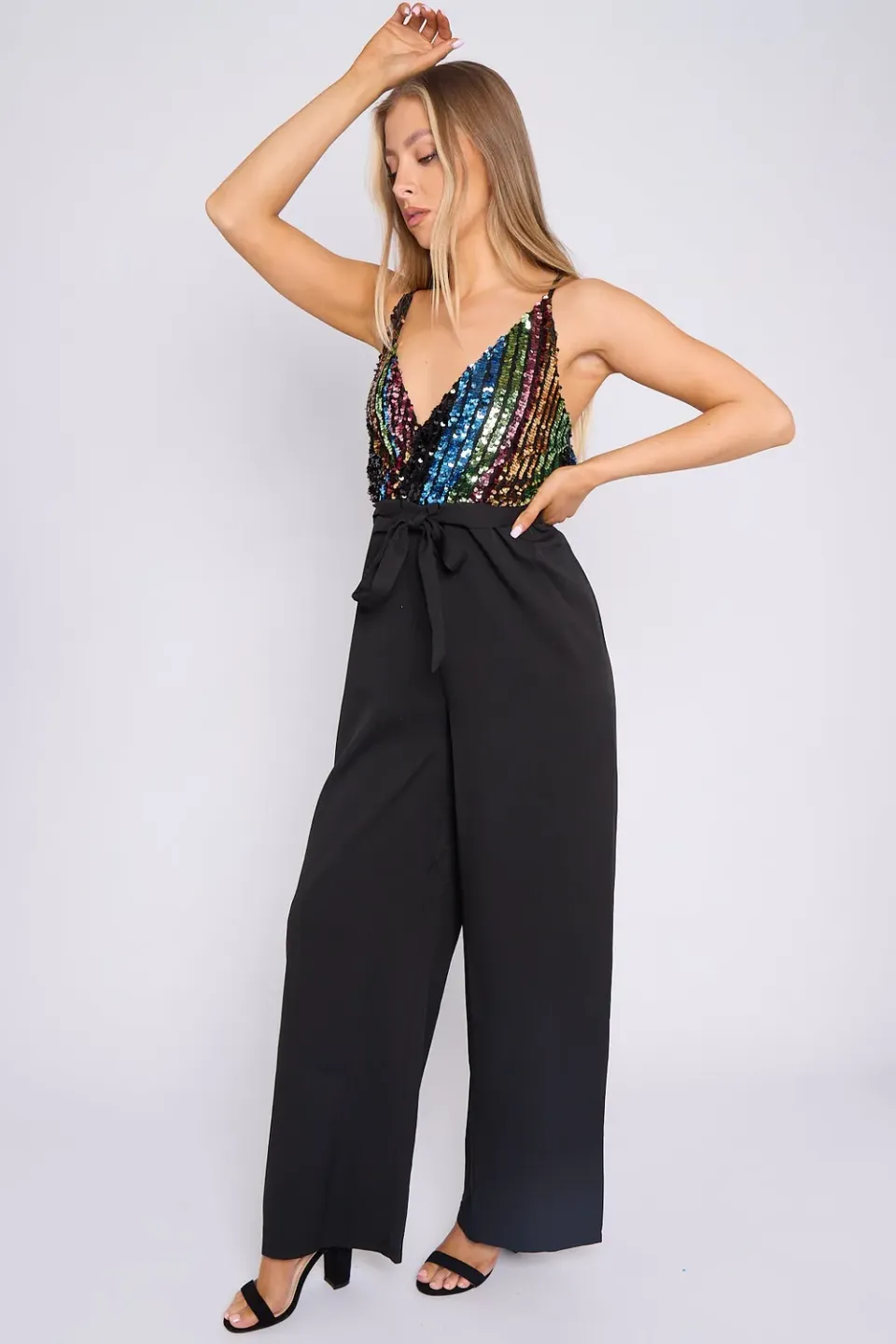 Aftershock London tuta nera paillettes top e pantaloni